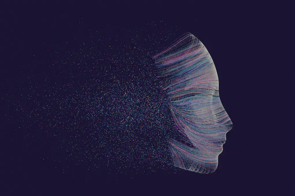 Abstract branded artwork evoking artificial intelligence: glowing network lines and nodes over a dark field.